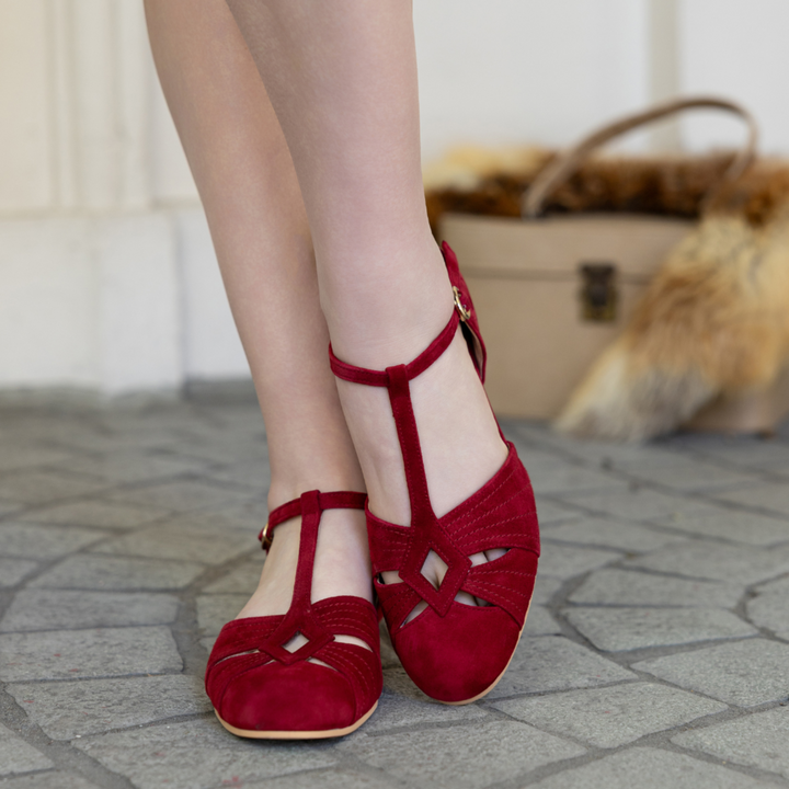 Charlie Stone Shoes London Red leather women's flats leather suede mary jane T bar ankle strap vintage inspired retro style old money aesthetic light academia dark academia