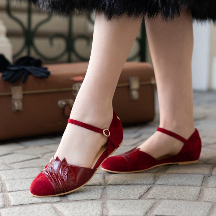 Charlie Stone Shoes New York Burgundy leather women's flats mary jane art deco design vintage inspired retro style old money aesthetic light academia dark academia