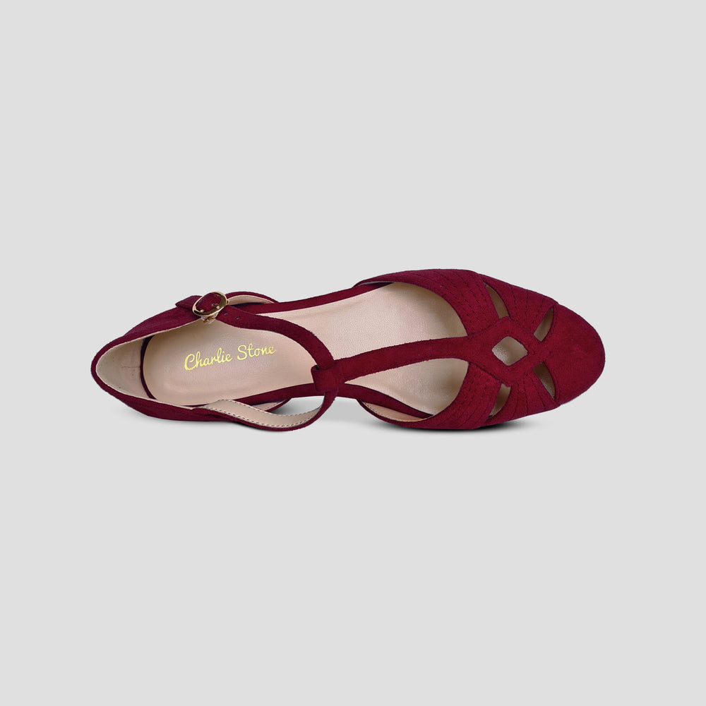 Charlie Stone Vintage Inspired Flats Retro 1940’s 1950’s Style Ladies Shoes wine red suede vegan