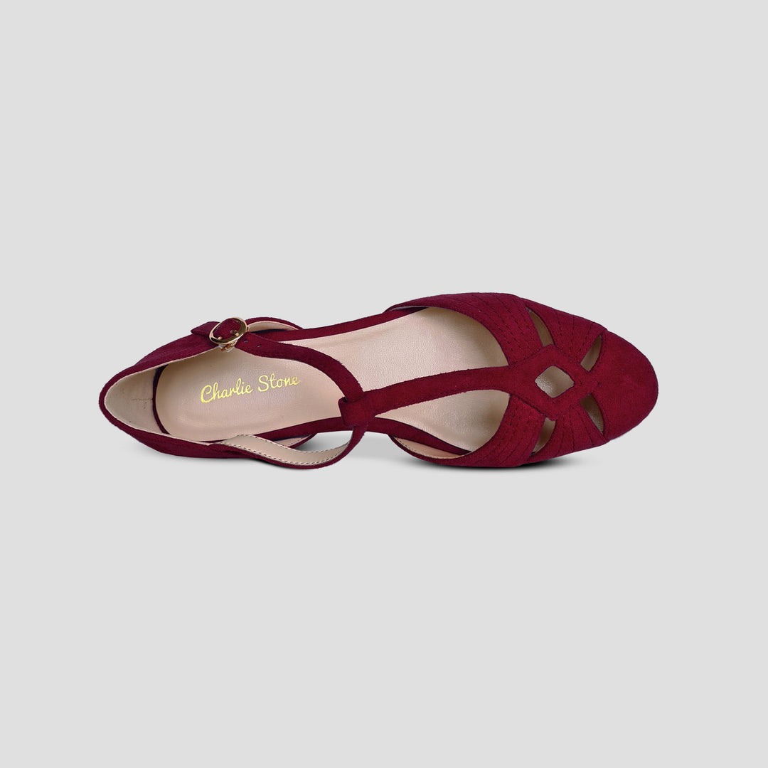 Charlie Stone Vintage Inspired Flats Retro 1940’s 1950’s Style Ladies Shoes wine red suede vegan
