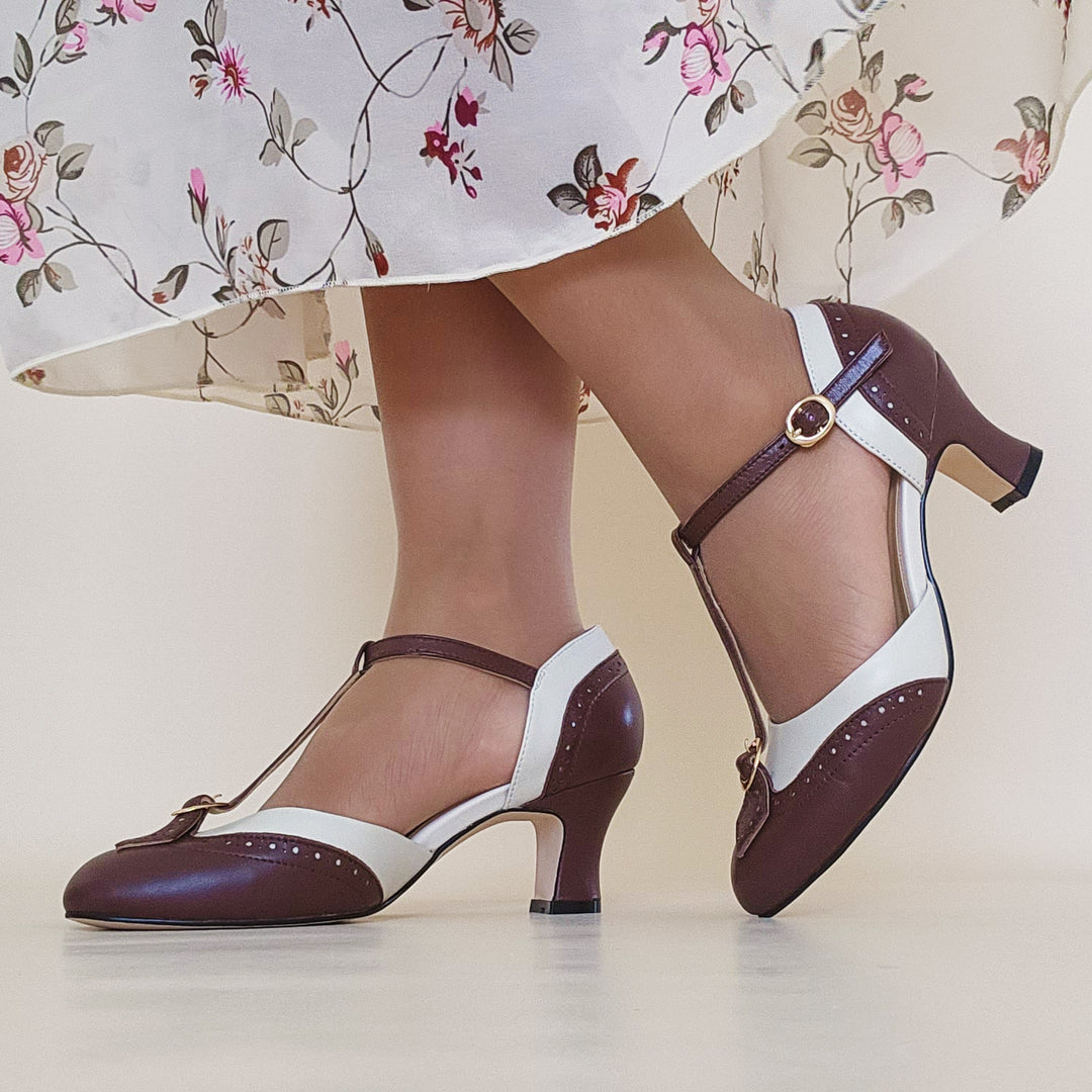 Charlie Stone Shoes vintage inspired 1920s wingtip oxford heels Luxe Parisienne Espresso Beige old money shoes womens