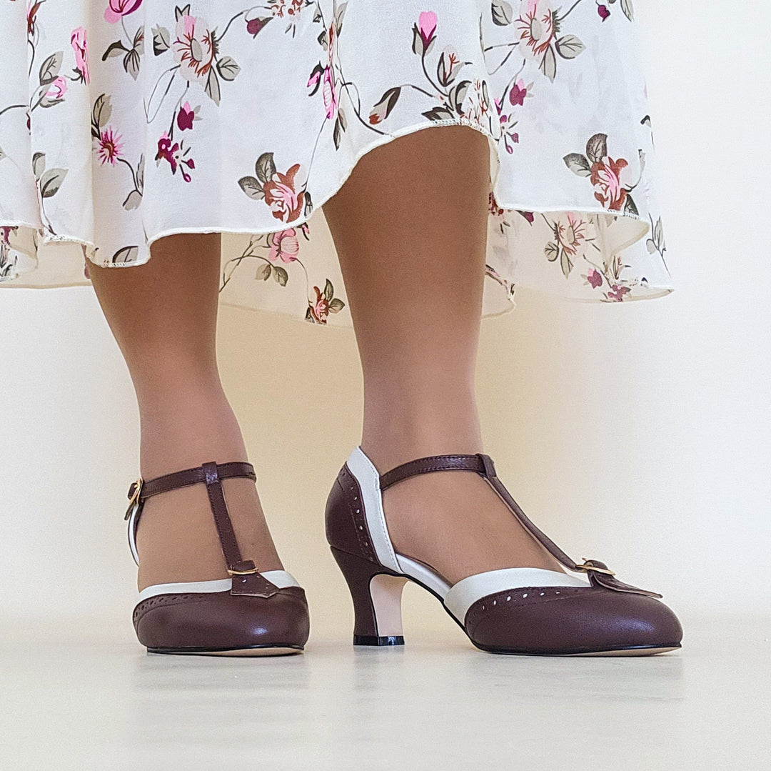 Charlie Stone Shoes vintage inspired 1920s wingtip oxford heels Luxe Parisienne Espresso Beige old money shoes womens