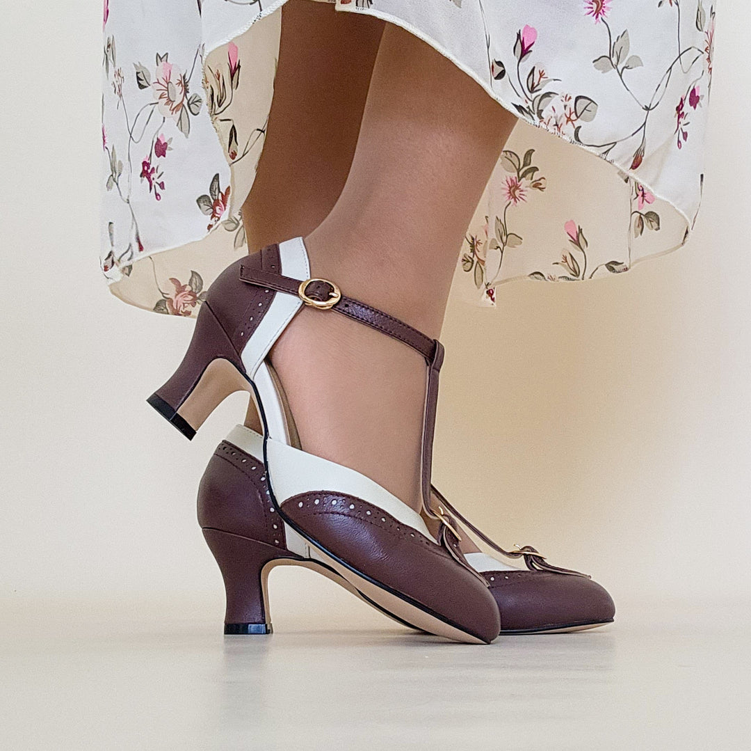 Charlie Stone Shoes vintage inspired 1920s wingtip oxford heels Luxe Parisienne Espresso Beige old money shoes womens