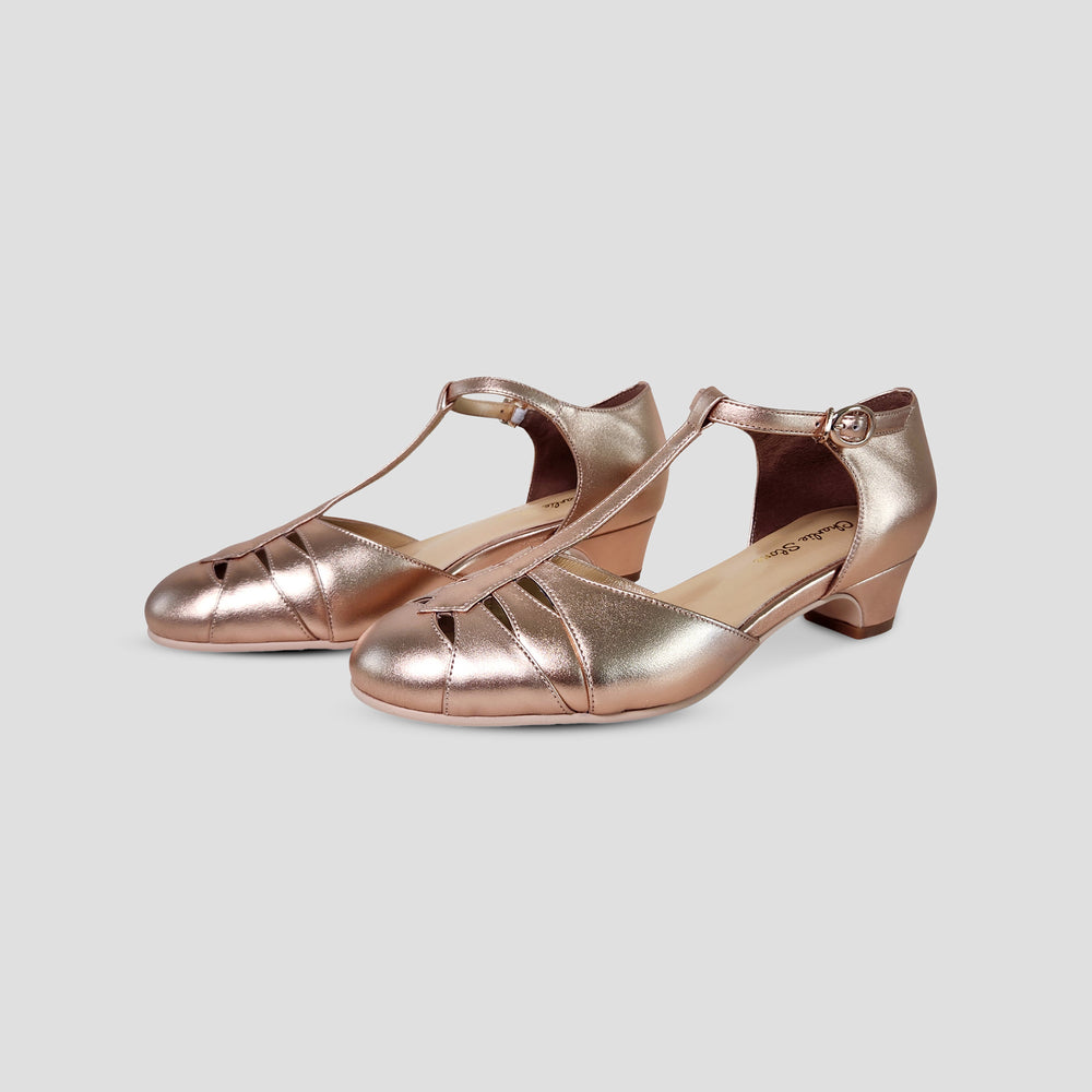 Charlie Stone Shoes vintage 1920s 1930s inspired leather heels with small comfortable heel rose gold for retro wedding style bridal bridesmaid shoes