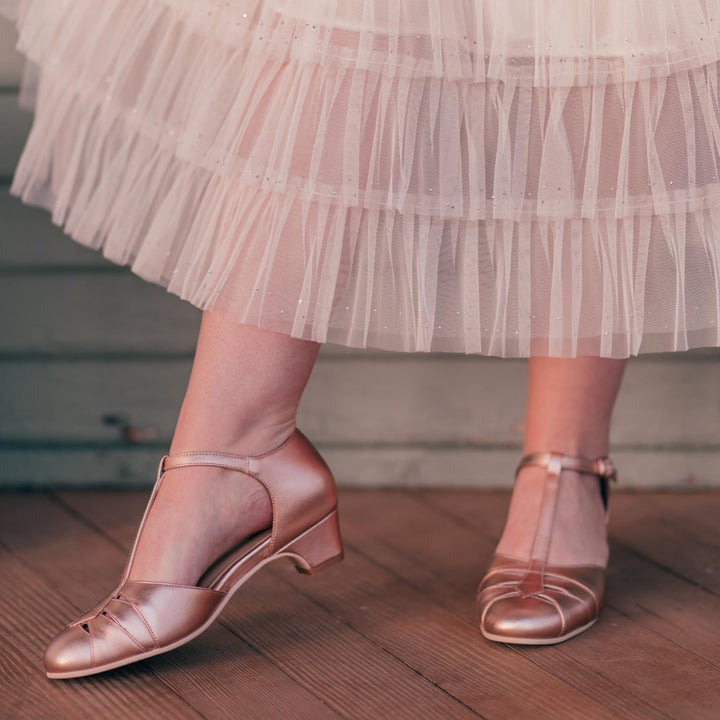 Charlie Stone Shoes vintage 1920s 1930s inspired leather heels with small comfortable heel rose gold for retro wedding style bridal bridesmaid shoes