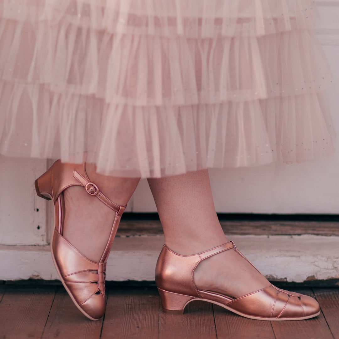 Charlie Stone Shoes vintage 1920s 1930s inspired leather heels with small comfortable heel rose gold for retro wedding style bridal bridesmaid shoes