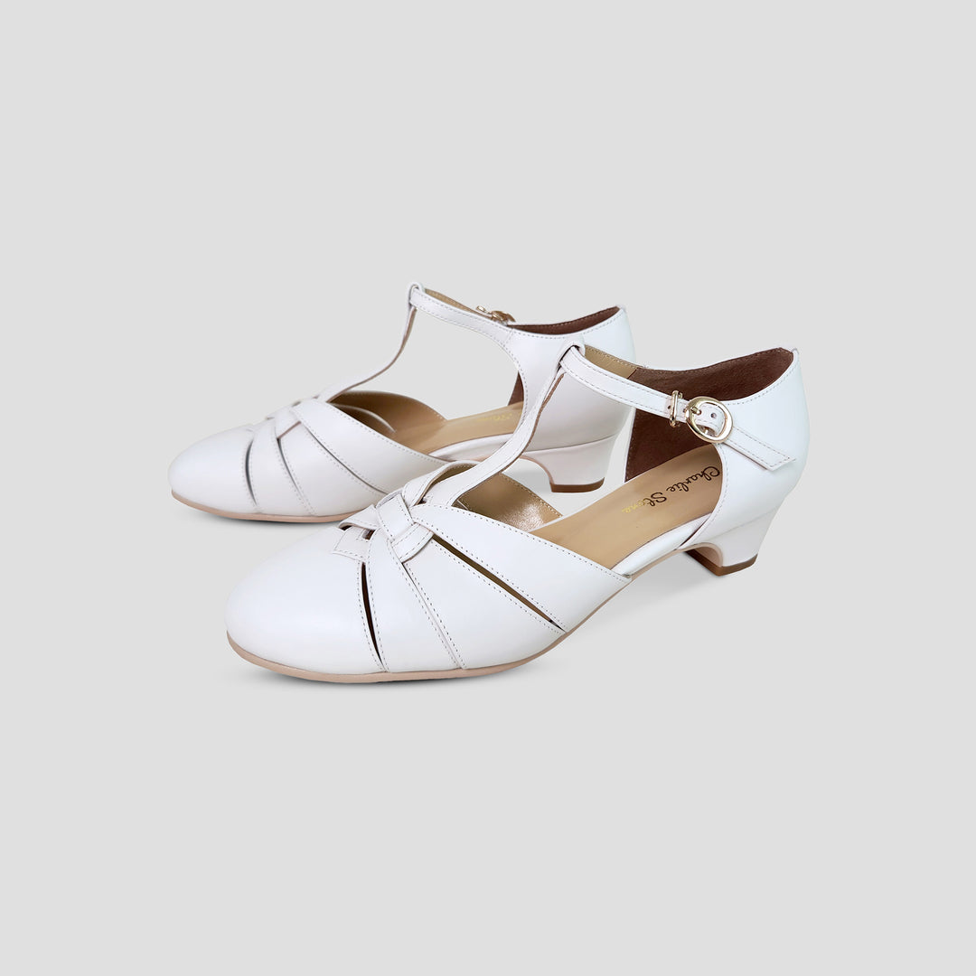 Charlie Stone Shoes vintage 1920s 1930s inspired leather heels with small comfortable heel bridal white for retro wedding style bridesmaid bride shoes