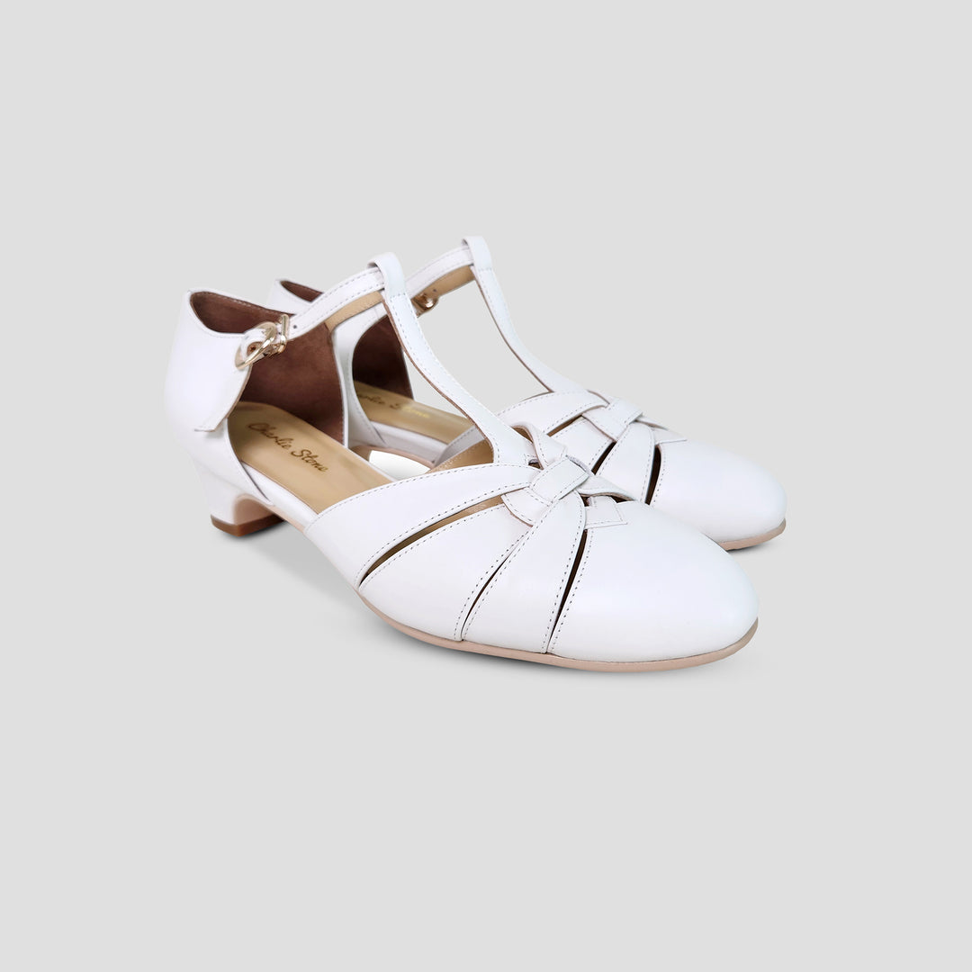 Charlie Stone Shoes vintage 1920s 1930s inspired leather heels with small comfortable heel bridal white for retro wedding style bridesmaid bride shoes