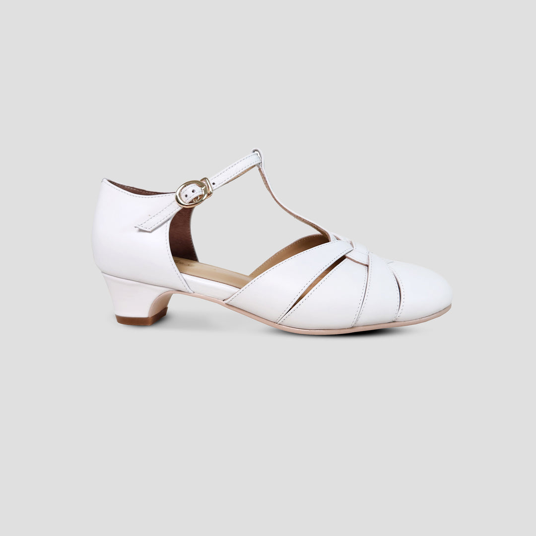 Charlie Stone Shoes vintage 1920s 1930s inspired leather heels with small comfortable heel bridal white for retro wedding style bridesmaid bride shoes