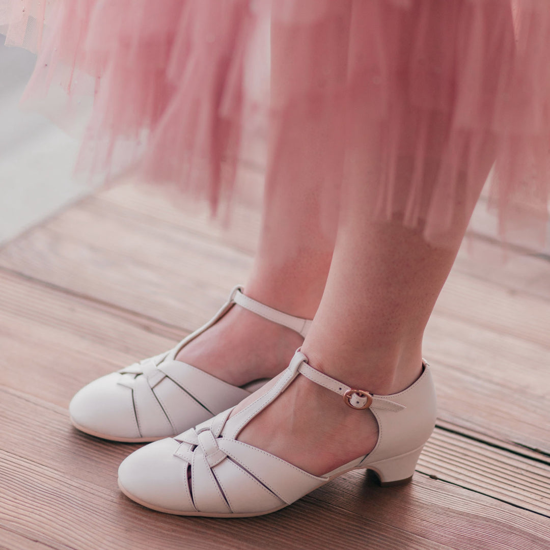 Charlie Stone Shoes vintage 1920s 1930s inspired leather heels with small comfortable heel bridal white for retro wedding style bridesmaid bride shoes