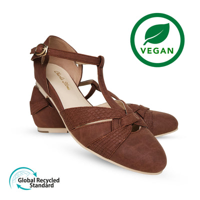 Charlie Stone Shoes vintage inspired ladies flat shoes made with GRS certified recycled materials vegan friendly tan brown with T bar strap 1930's 1940's elegance