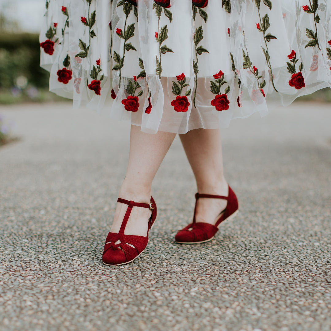 Charlie Stone Vintage Inspired Flats Retro 1940’s 1950’s Style Ladies Shoes wine red suede vegan