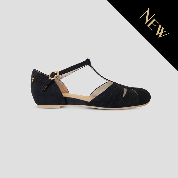 Charlie Stone Shoes elegant vintage inspired 1930's flats ladies shoes black suede leather womens sandals with heel elevation to help alleviate heel pain and discomfort