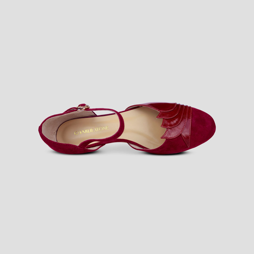 Charlie Stone Shoes New York elegant vintage inspired 1930's flats ladies shoes wine red burgundy suede leather womens sandals with heel elevation to help alleviate heel pain and discomfort