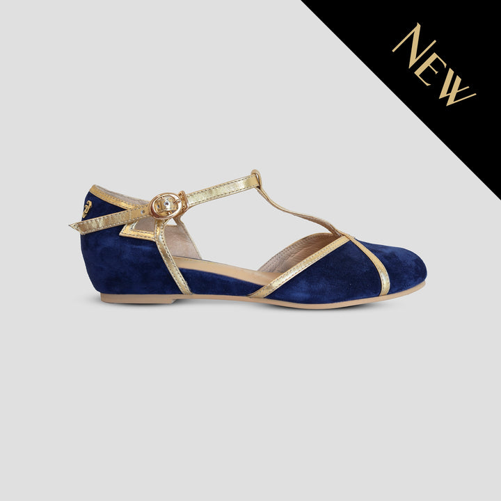 Charlie Stone Shoes Budapest elegant vintage inspired 1930's flats ladies shoes navy suede and gold leather womens sandals with heel elevation to help alleviate heel pain and discomfort