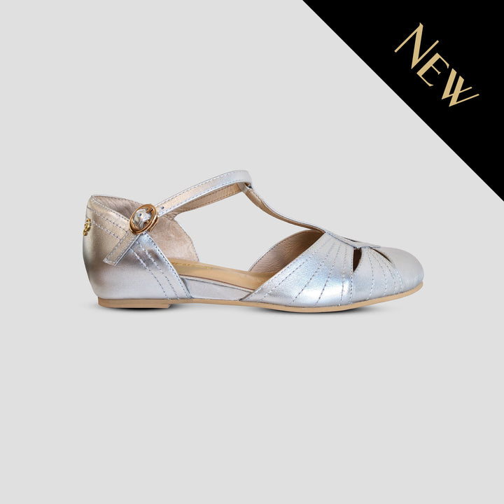 Charlie Stone Shoes London elegant vintage inspired 1930's flats ladies shoes silver leather womens sandals with heel elevation to help alleviate heel pain and discomfort