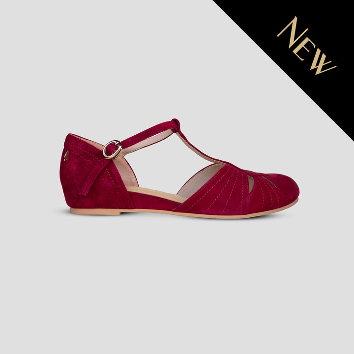 Charlie Stone Shoes elegant vintage inspired 1930's flats ladies shoes wine red burgundy suede leather womens sandals with heel elevation to help alleviate heel pain and discomfort