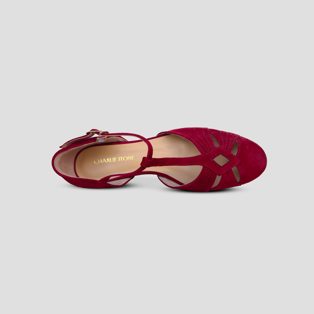 Charlie Stone Shoes elegant vintage inspired 1930's flats ladies shoes wine red burgundy suede leather womens sandals with heel elevation to help alleviate heel pain and discomfort