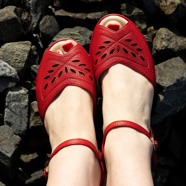 Charlie Stone Shoes 1950's vintage women's wedge open toe sandal vegan-friendly faux leather palermo red inspired by summer in italy