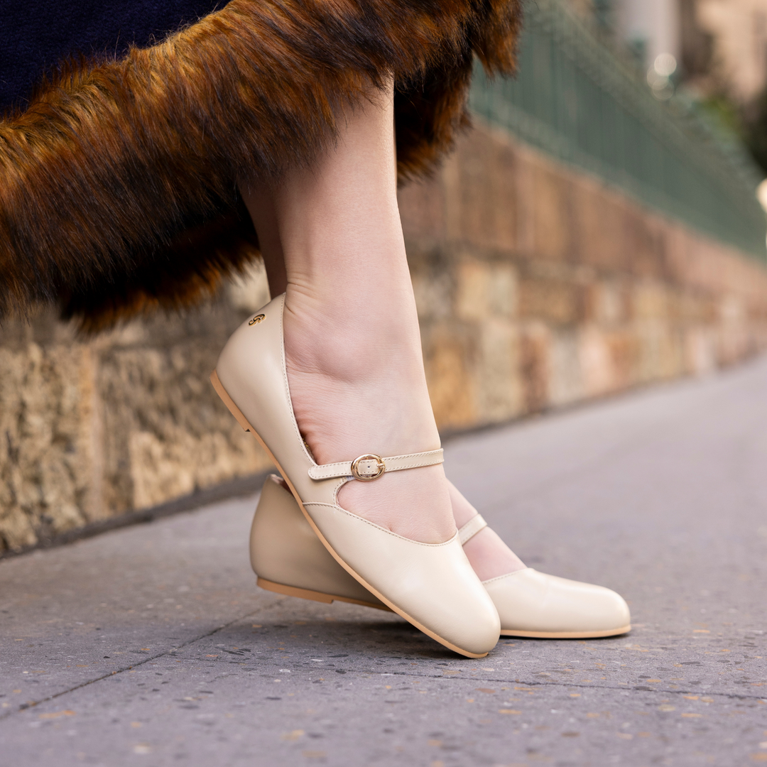 Charlie Stone Shoes Bronte bone leather vintage style flats old money classic mary jane style in cream neutral off white