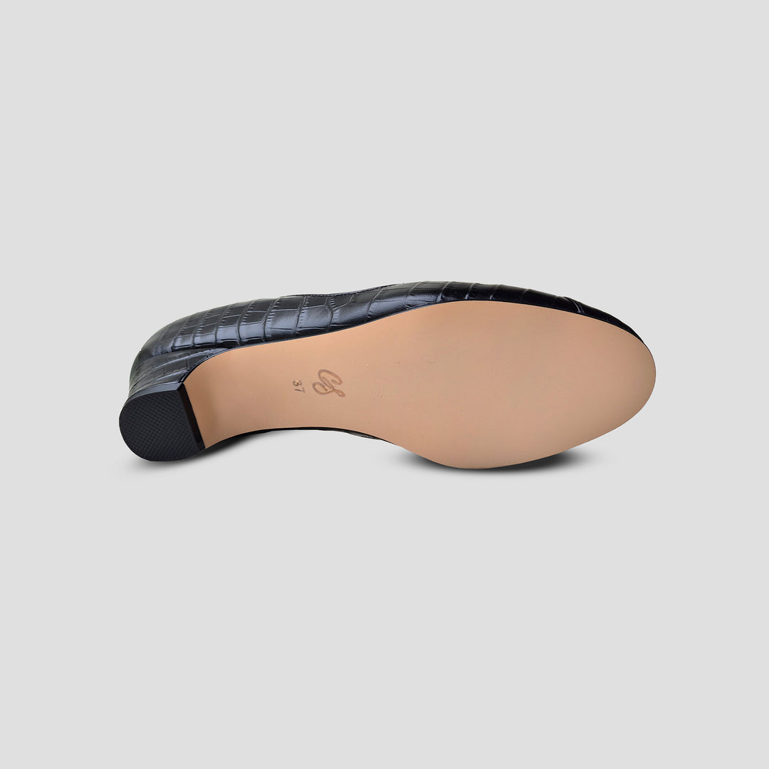 Charlie Stone Shoes classic vintage inspired shoes 1940's pump mini block heel faux croc leather black with supportive biomechanical footbed insole arch support, metatarsal pad and heel cup