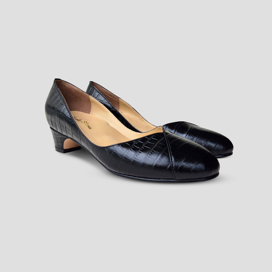 Charlie Stone Shoes classic vintage inspired shoes 1940's pump mini block heel faux croc leather black with supportive biomechanical footbed insole arch support, metatarsal pad and heel cup