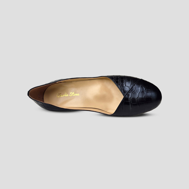 Charlie Stone Shoes classic vintage inspired shoes 1940's pump mini block heel faux croc leather black with supportive biomechanical footbed insole arch support, metatarsal pad and heel cup