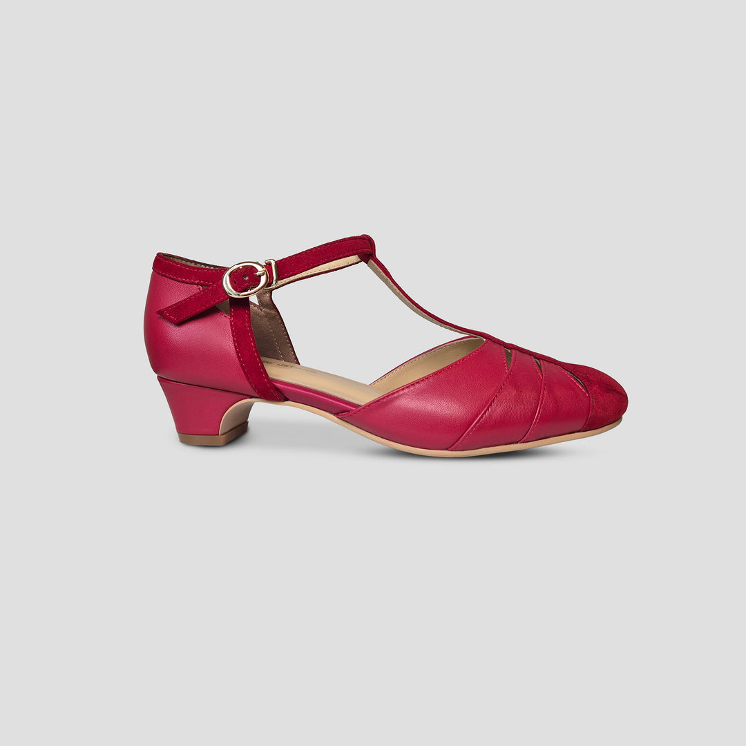 Charlie Stone shoes vintage heels red suede and gold leather small mini block heel 1920s 1930s style