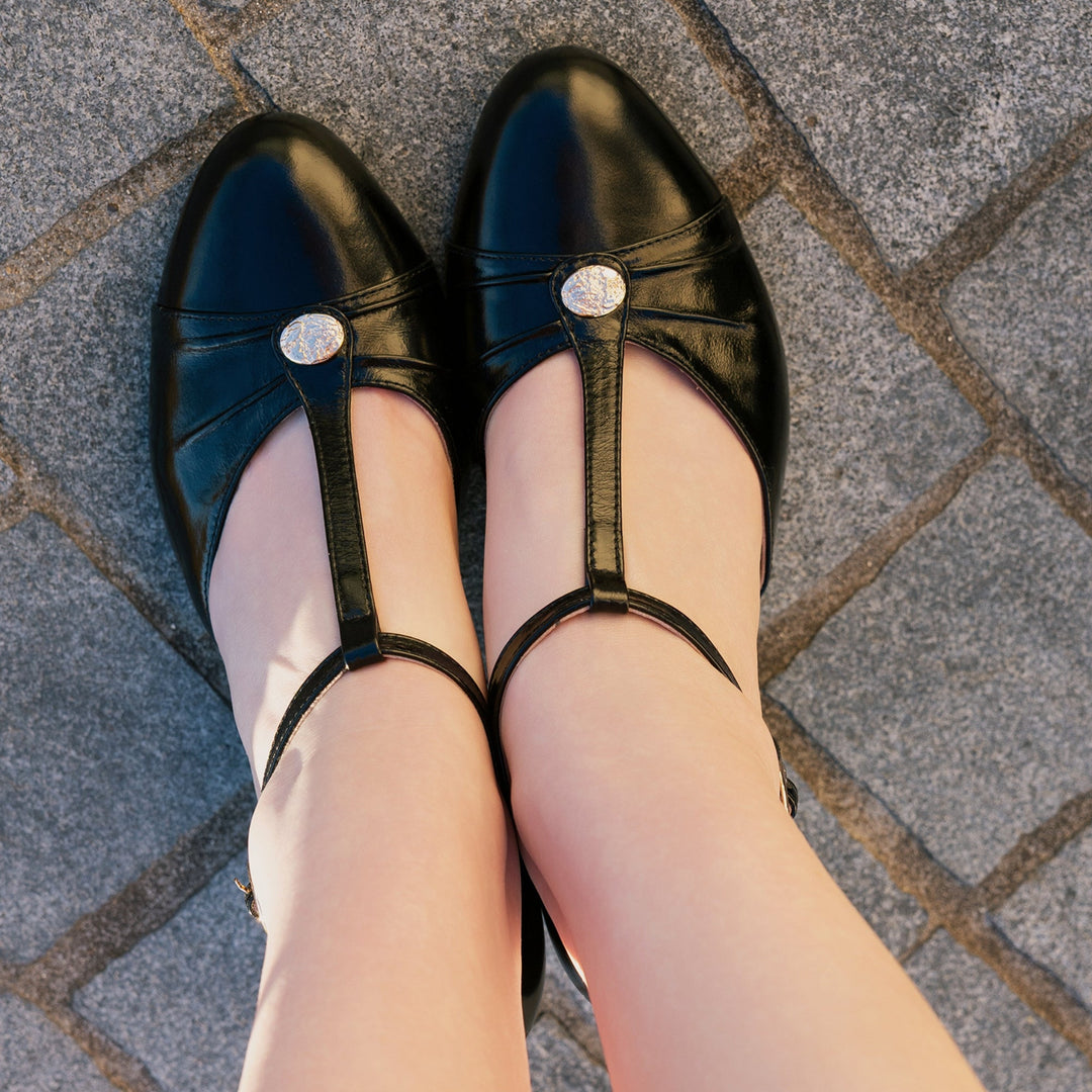 Charlie Stone Shoes women's vintage inspired classic italian style T bar heel stiletto black leather ladies shoes Vicenza