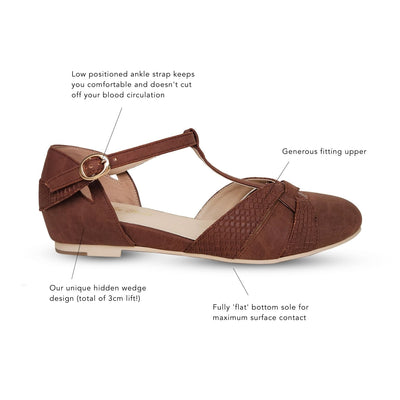 Charlie Stone Shoes vintage inspired ladies flat shoes made with GRS certified recycled materials vegan friendly tan brown with T bar strap 1930's 1940's elegance