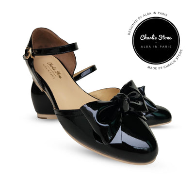 1950's Vintage French Parisian inspired flats in black patent leather with large patent bow retro flats with hidden wedge designed by Alba in Paris