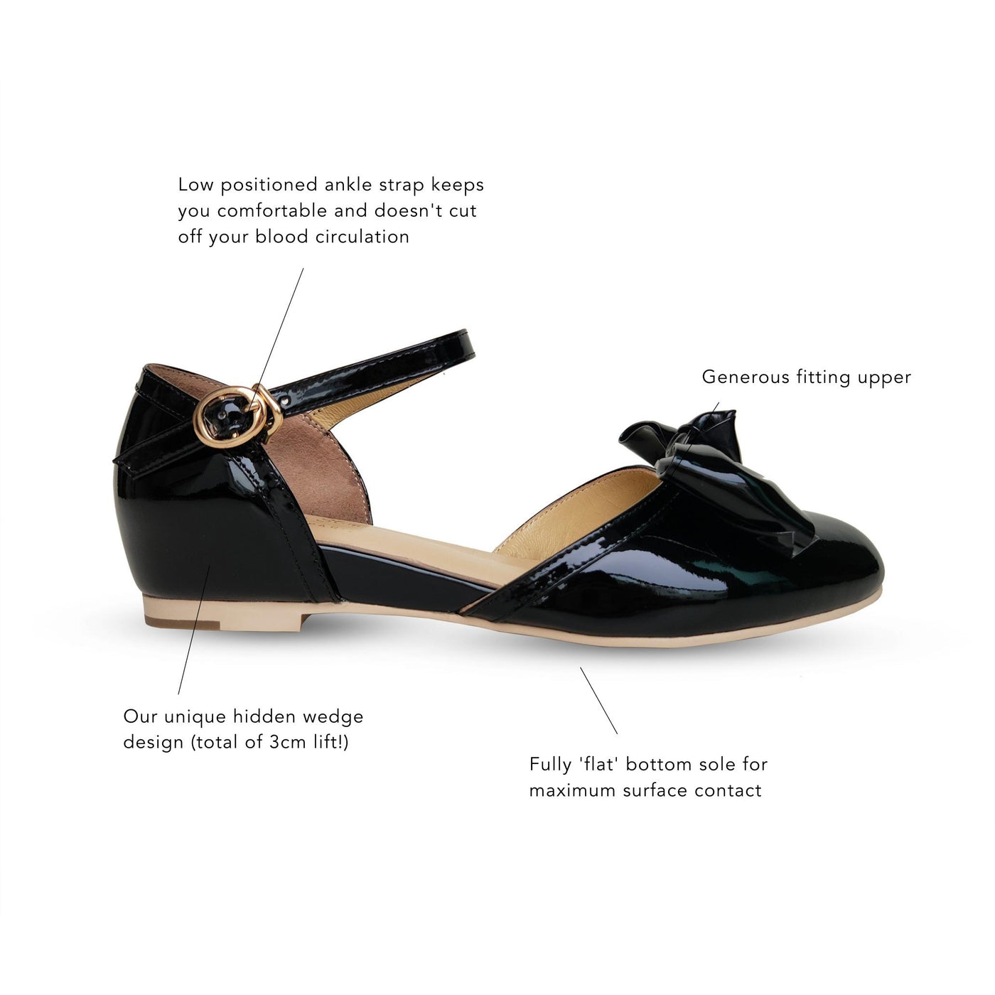1950's Vintage French Parisian inspired flats in black patent leather with large patent bow retro flats with hidden wedge designed by Alba in Paris