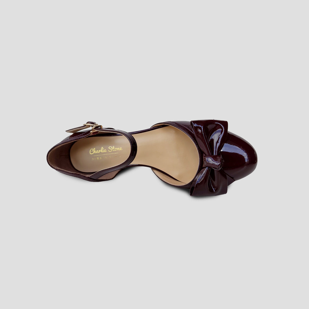 1950's Vintage French Parisian inspired flats in burgundy wine red patent leather with large patent bow retro flats with hidden wedge designed by Alba in Paris old money shoes women
