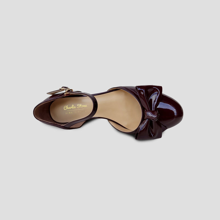 1950's Vintage French Parisian inspired flats in burgundy wine red patent leather with large patent bow retro flats with hidden wedge designed by Alba in Paris old money shoes women