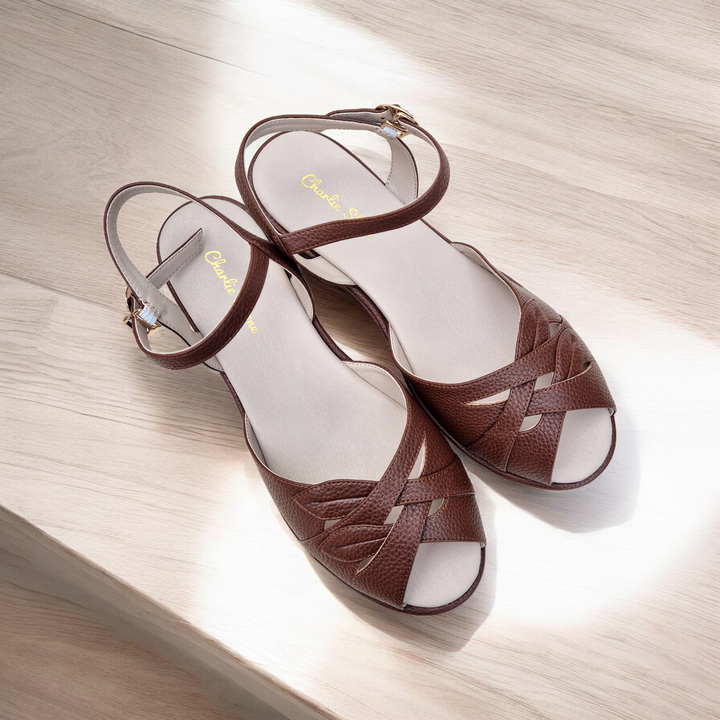 Charlie Stone Shoes vintage 1940s 1950s vegan brown tan wedge comfortable retro sandal Italian style summer