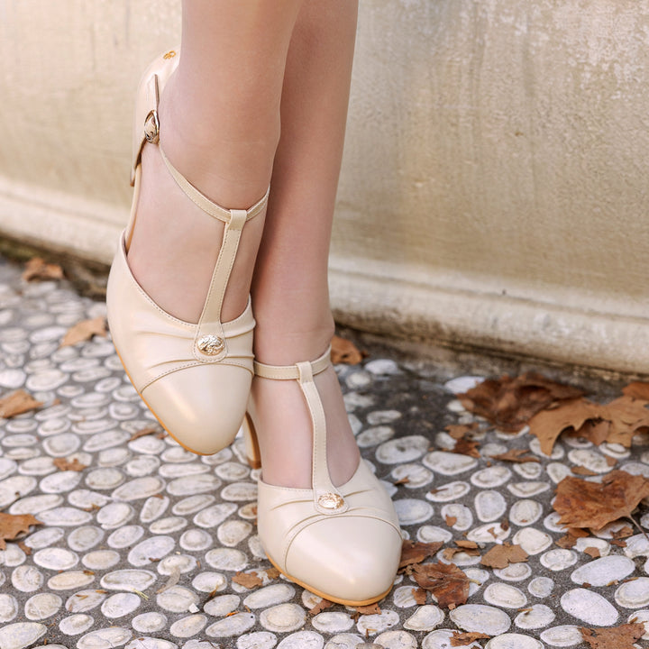 Charlie Stone Shoes women's vintage inspired classic italian style T bar heel stiletto bone cream neutral leather ladies shoes