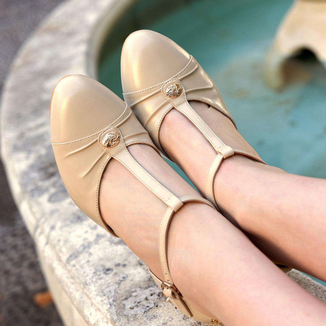 Charlie Stone Shoes women's vintage inspired classic italian style T bar heel stiletto bone cream neutral leather ladies shoes