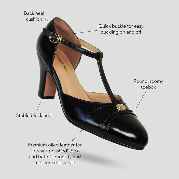 Charlie Stone Shoes women's vintage inspired classic italian style T bar heel stiletto black leather ladies shoes