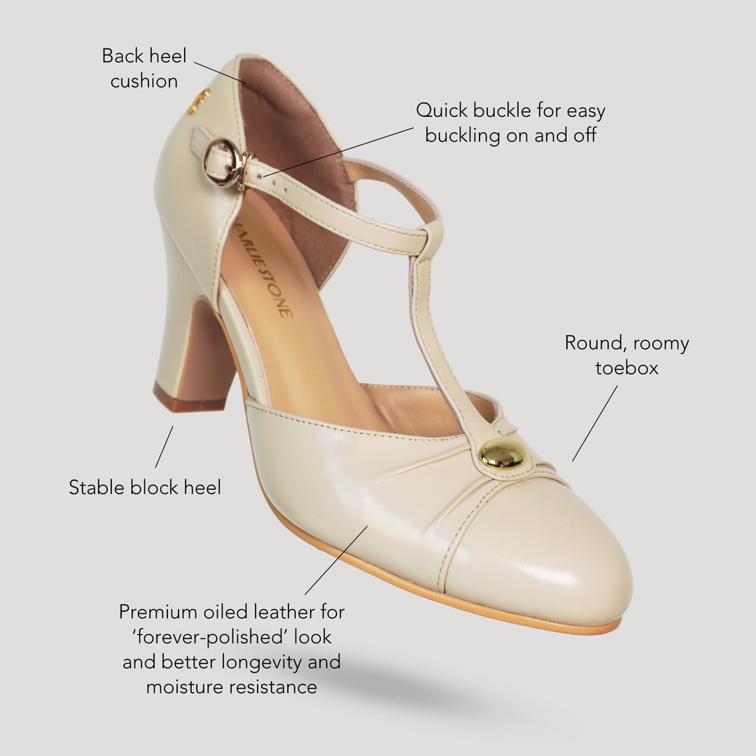 Charlie Stone Shoes women's vintage inspired classic italian style T bar heel stiletto bone cream neutral leather ladies shoes