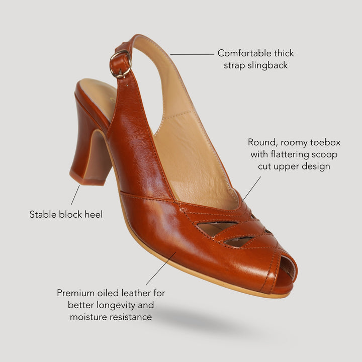 Charlie Stone Shoes women's vintage slingback elegant ladies peeptoe toe heels inspired by 1950's premium shined oiled leather noisette tan brown