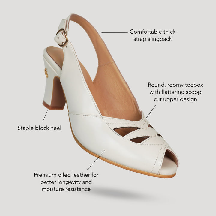 Charlie Stone Shoes women's vintage slingback elegant ladies peeptoe toe heels inspired by 1950's premium shined oiled leather vintage white neutral