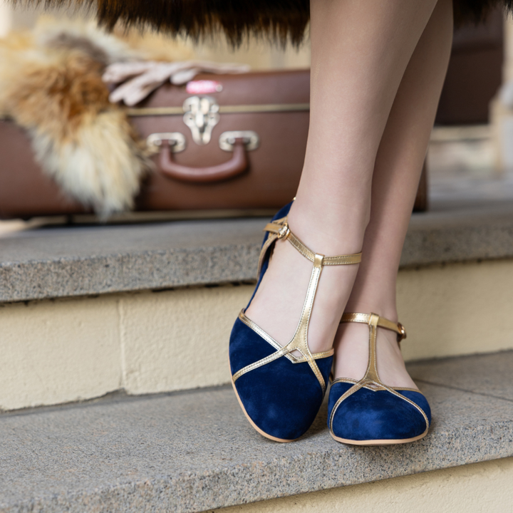 Charlie Stone Shoes Budapest Navy Gold leather women's flats mary jane T bar ankle strap vintage inspired retro style old money aesthetic light academia