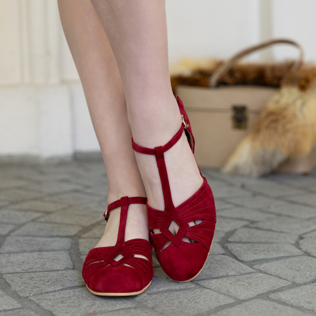 Charlie Stone Shoes London Red leather women's flats leather suede mary jane T bar ankle strap vintage inspired retro style old money aesthetic light academia dark academia