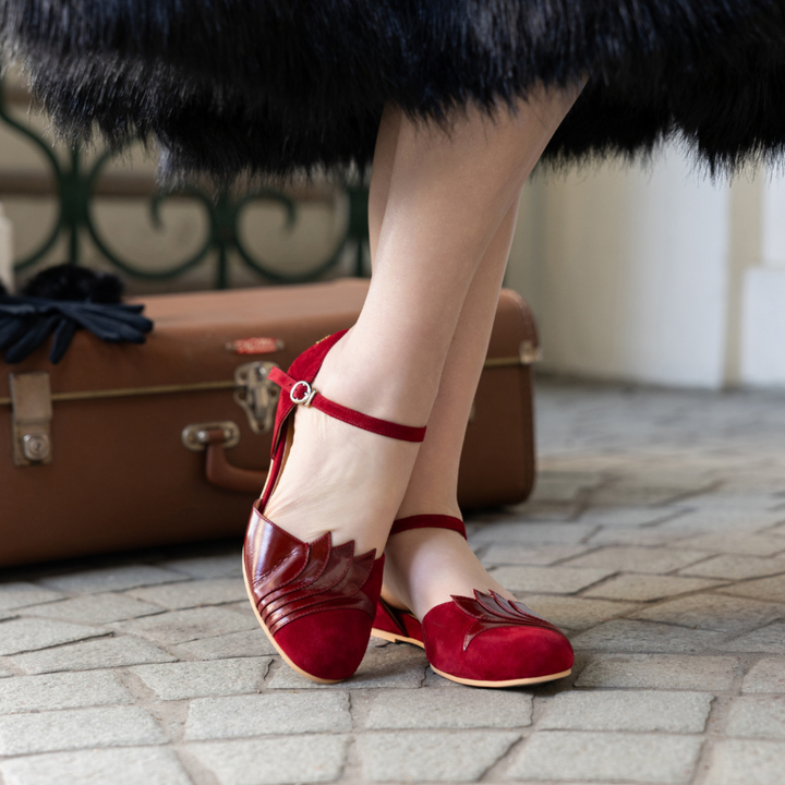 Charlie Stone Shoes New York Burgundy leather women's flats mary jane art deco design vintage inspired retro style old money aesthetic light academia dark academia