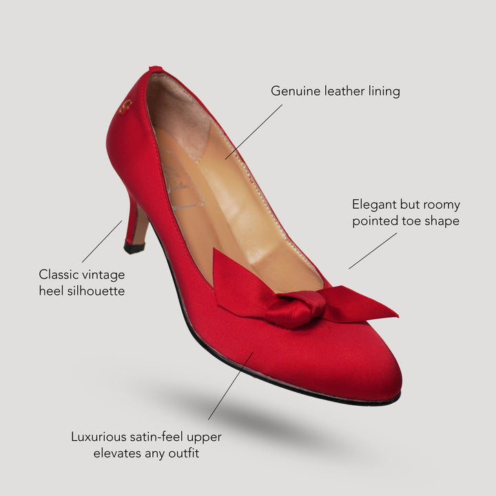 Charlie Stone Shoes vintage 1940s Dior inspired heels luxurious Hollywood style red satin stiletto Vivienne with pointed toe and classic 7.5 cm high-heel silhouette and decorative ribbon detail 