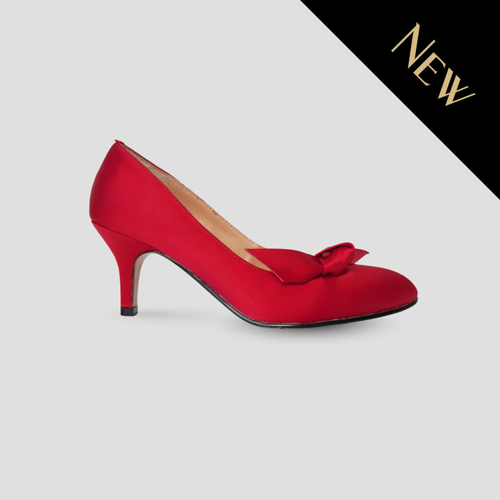 Charlie Stone Shoes vintage 1940s Dior inspired heels luxurious Hollywood style red satin stiletto Vivienne with pointed toe and classic 7.5 cm high-heel silhouette and decorative ribbon detail 