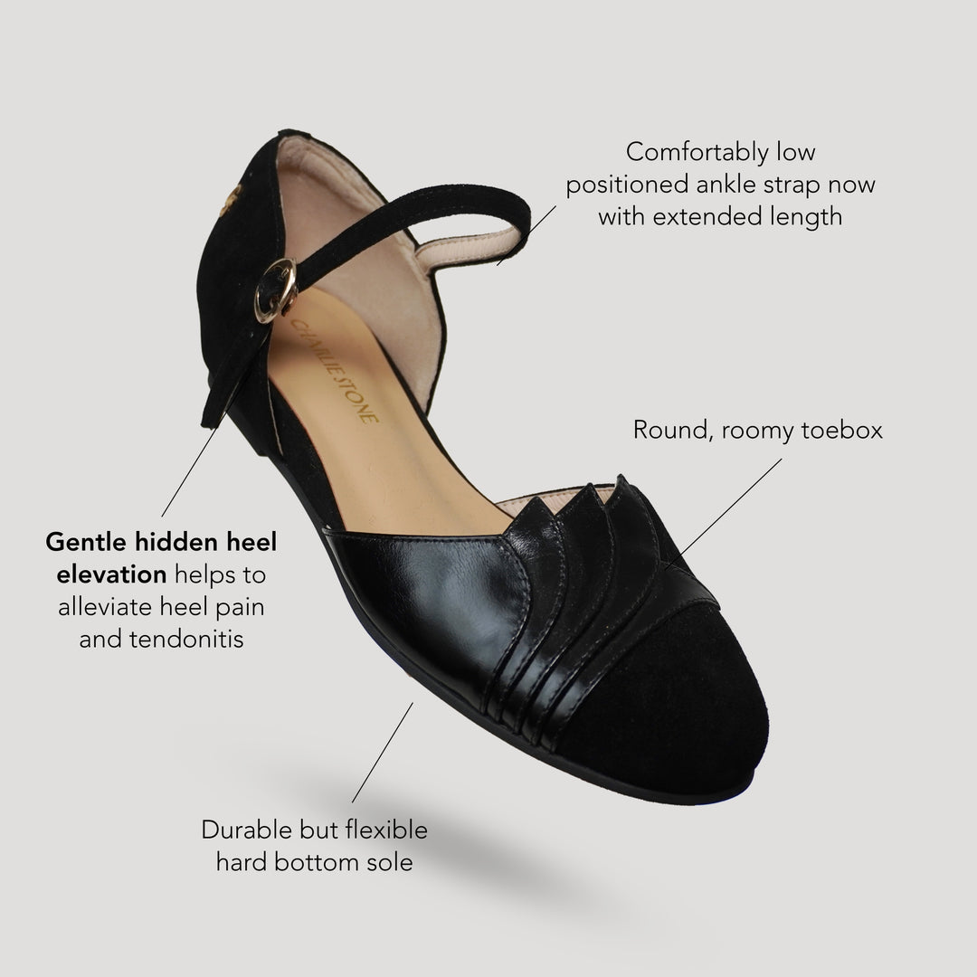 Charlie Stone Shoes New York elegant vintage inspired 1930's flats ladies shoes black suede leather womens sandals with heel elevation to help alleviate heel pain and discomfort