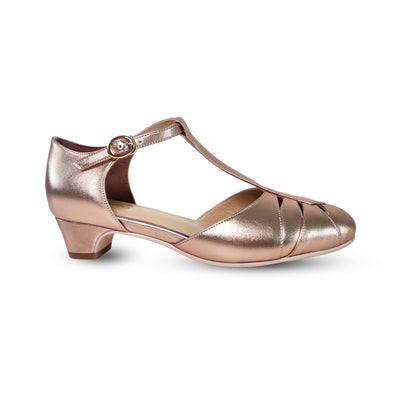 Charlie Stone Shoes vintage 1920s 1930s inspired leather heels with small comfortable heel rose gold for retro wedding style