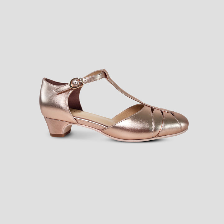 Charlie Stone Shoes vintage 1920s 1930s inspired leather heels with small comfortable heel rose gold for retro wedding style bridal bridesmaid shoes 
