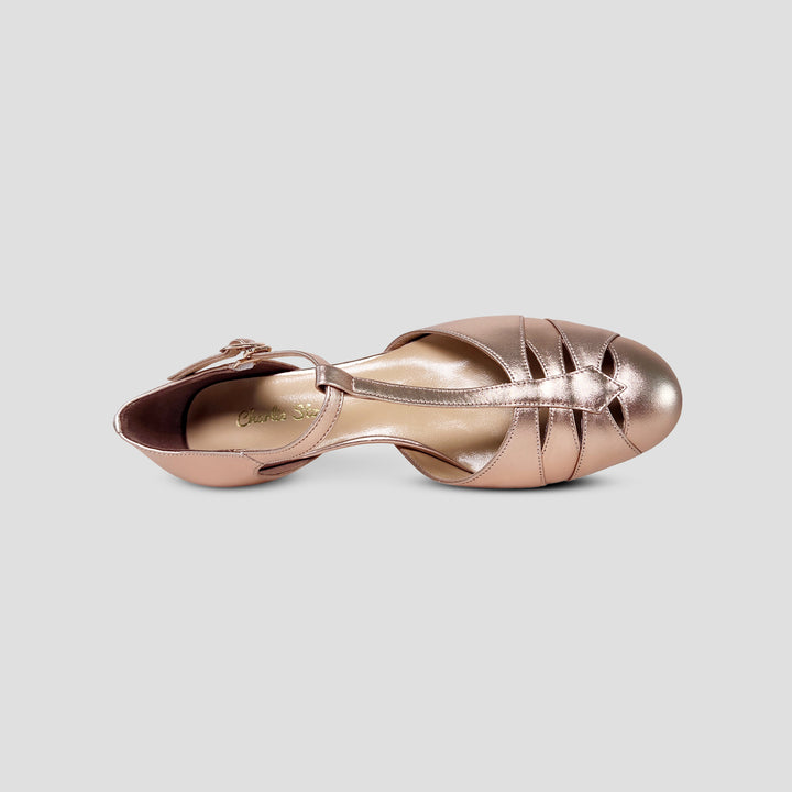 Charlie Stone Shoes vintage 1920s 1930s inspired leather heels with small comfortable heel rose gold for retro wedding style bridal bridesmaid shoes 